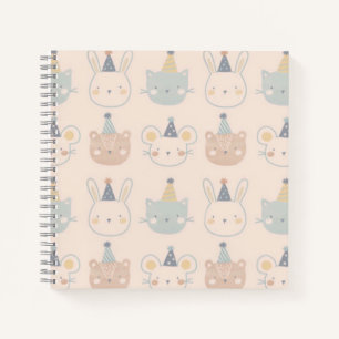 Cute Cats Rabbits and Bears Faces Pastel Pattern Notebook