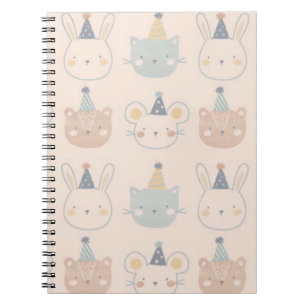 Cute Cats Rabbits and Bears Faces Pastel Pattern Notebook