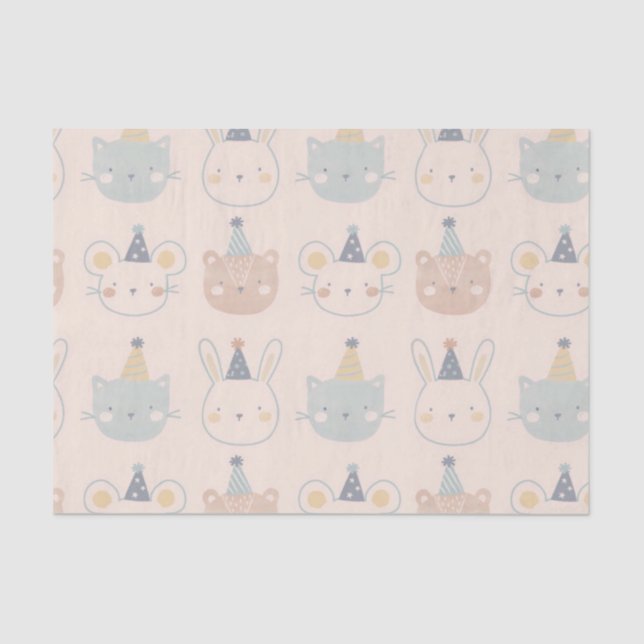 Cute Cats Rabbits and Bears Faces Pastel Pattern Tissue Paper (Front)