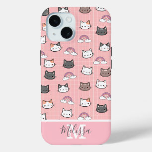 Cute Cats & Rainbow Monogram  iPhone 15 Case