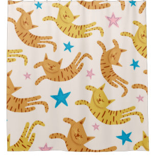 Cute cats seamless pattern with stars funny drawin