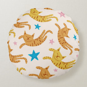 Cute cats seamless pattern with stars funny drawin round pillow