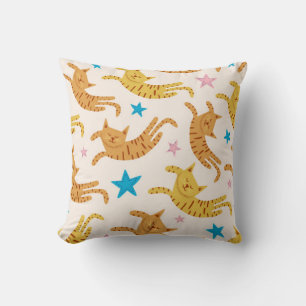 Cute cats seamless pattern with stars funny drawin throw pillow