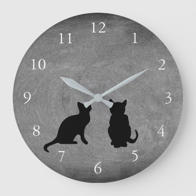 Cute cats silhouettes on chalkboard large clock (Front)