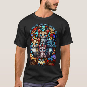 Cute Cats Stained Glass Window Cat T-Shirt