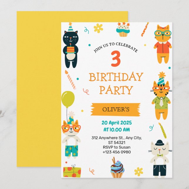 Cute Cats Three 3rd Birthday Party Invitation   (Front/Back)