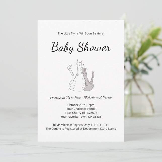 Cute Cats Twins Gender Neutral Simple Baby Shower Invitation (Standing Front)