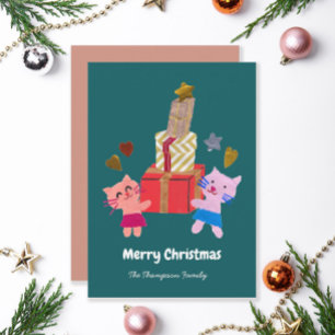 Cute cats with gifts dark green Christmas Holiday Card