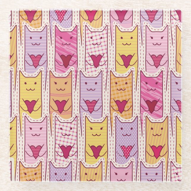Cute Cats with Loving Hearts Glass Coaster (Front)