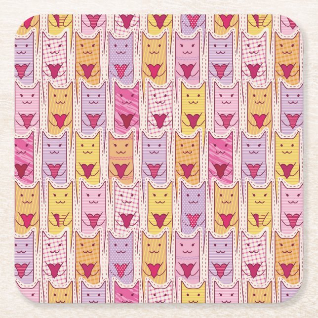 Cute Cats with Loving Hearts Square Paper Coaster (Front)