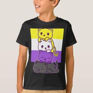 Cute Cats With Non Binary Flag - Kawaii Lgbtq T-Shirt