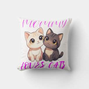 Cute Cats with Pink Mommy Loves Cats Typography Throw Pillow
