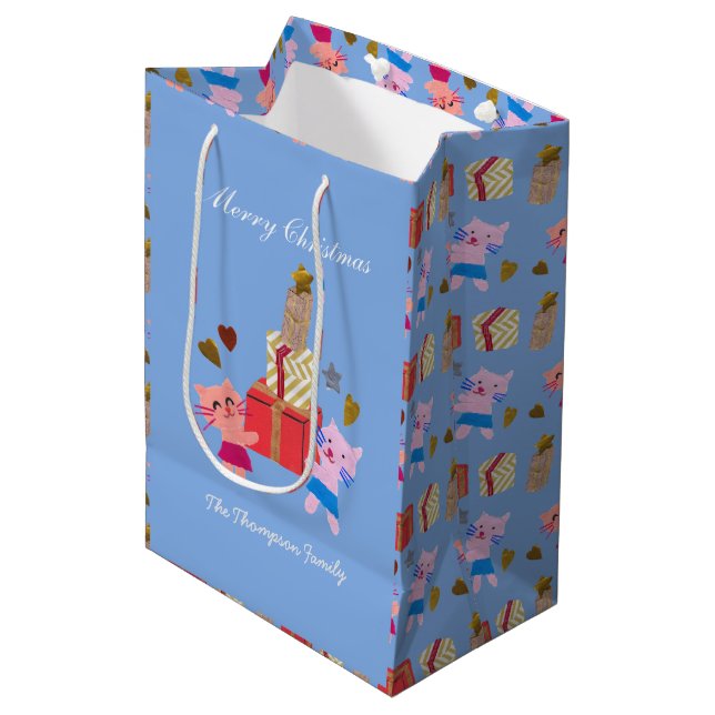 cute cats with present blue Christmas  Medium Gift Bag (Front Angled)