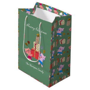 cute cats with present moss green Christmas Medium Gift Bag