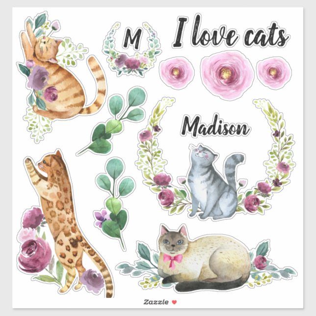 Cute Cats Wreath Monogram Name (Sheet)