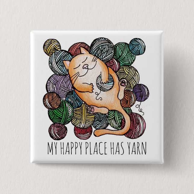 Cute Cat's Yarn Heaven Knitting Wool Knitters 2 Inch Square Button (Front)