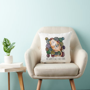 Cute Cat's Yarn Heaven Knitting Wool Knitters Throw Pillow