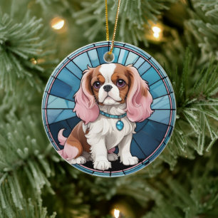 Cute Cavalier King Charles Pastel Stained Glass Ceramic Ornament