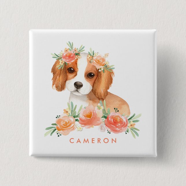 Cute Cavalier King Charles Spaniel Orange Floral  2 Inch Square Button (Front)
