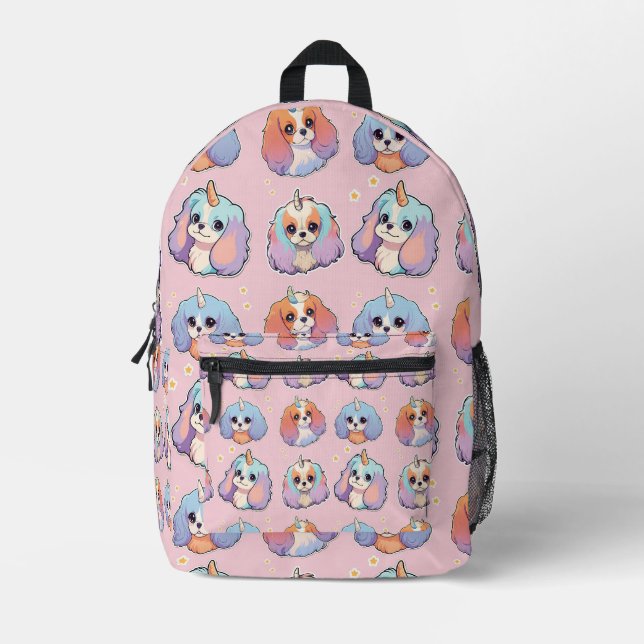 Cute Cavalier King Charles Unicorn Pastel Pattern Printed Backpack (Front)