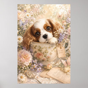 Cute Cavalier Puppy in Floral Teacup Poster