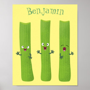 Cute celery sticks trio cartoon vegetables  poster