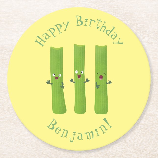 Cute celery sticks trio cartoon vegetables  round paper coaster (Front)