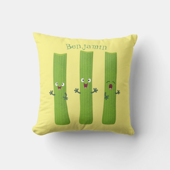 Cute celery sticks trio cartoon vegetables throw pillow (Front)