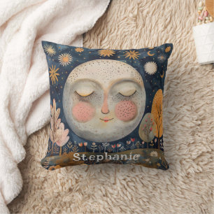 Cute Celestial Moon Monogram Name Kids Simple  Throw Pillow