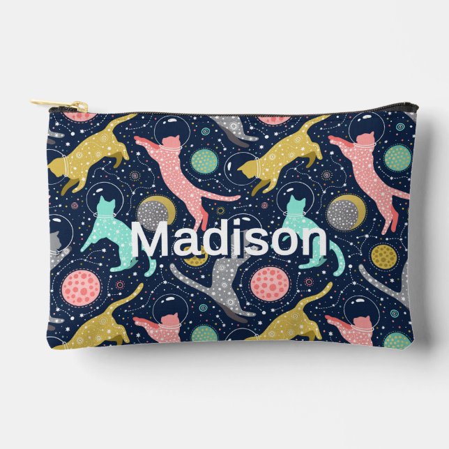 Cute Celestial Mystical Space Cats Personalized Accessory Pouch (Front)