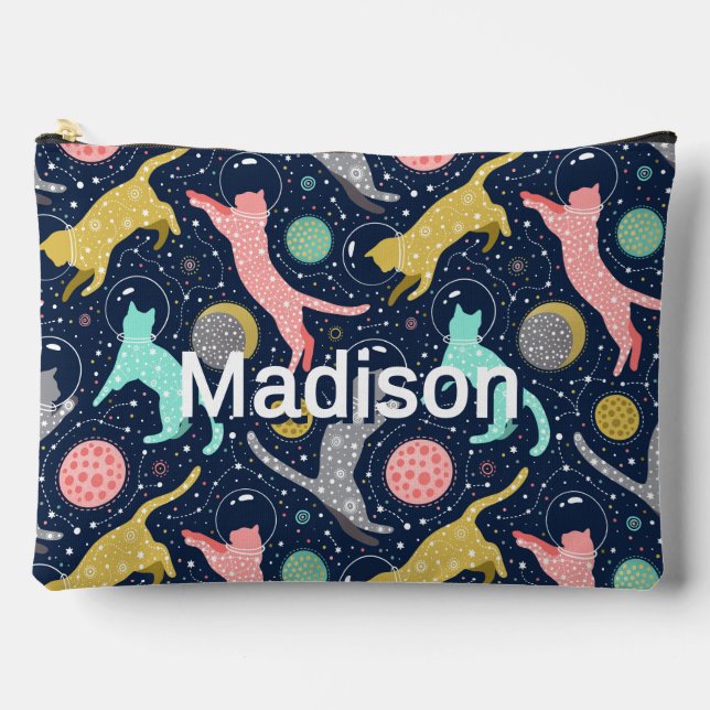 Cute Celestial Mystical Space Cats Personalized Accessory Pouch (Front)