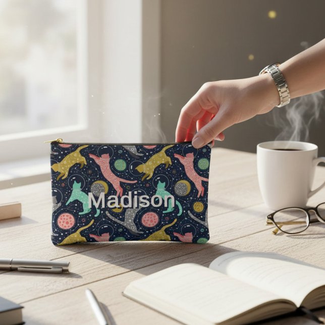 Cute Celestial Mystical Space Cats Personalized Accessory Pouch (Creator Uploaded)