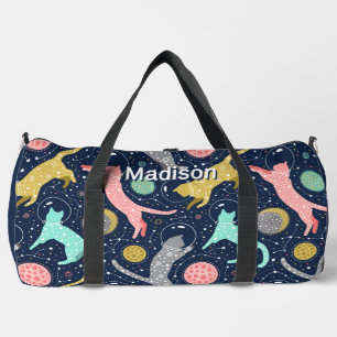 Cute Celestial Mystical Space Cats Personalized Duffle Bag