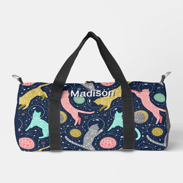 Cute Celestial Mystical Space Cats Personalized Duffle Bag (Front)