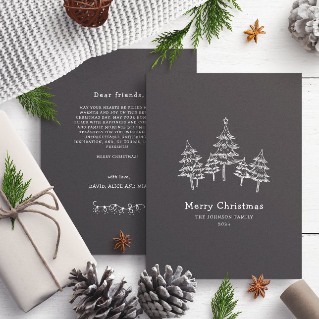 Cute Chalk Christmas Trees Black White Holiday Card (Creator Uploaded)