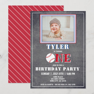 Cute Chalkboard Baseball Photo 1st Birthday Invitation
