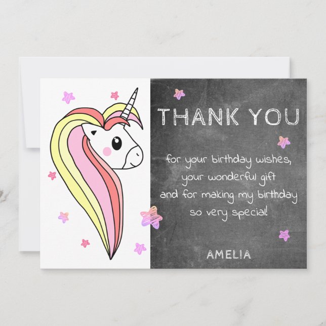 Cute Chalkboard Colourful Unicorn Thank you Card (Front)