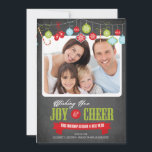 Cute Chalkboard Family Christmas Photo Card<br><div class="desc">Cute trendy chalkboard family christmas card featuring candy canes, mittens, retro ornaments with the holiday saying "Wishing you Joy & Cheer" in red & green typography. Flip our photo card over to view a coordinating snowflake chalkboard pattern back for an extra special touch. Available in a modern bracket die cut...</div>