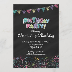 Cute  Chalkboard Girls Birthday Party Invitation