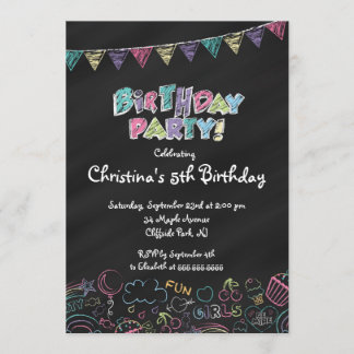 Cute Chalkboard Girls Birthday Party Invitation