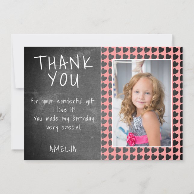 Cute Chalkboard Heart Pattern Birthday Photo Thank You Card (Front)