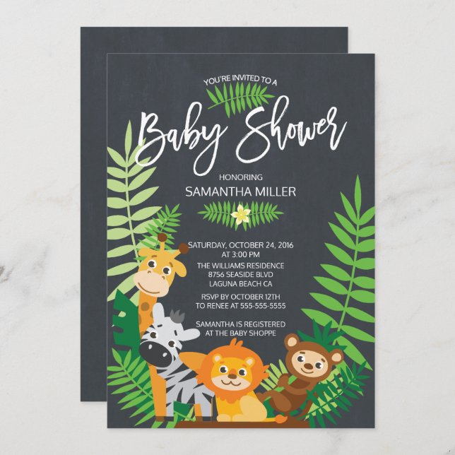 Cute Chalkboard Jungle Safari Baby Shower Invitation (Front/Back)