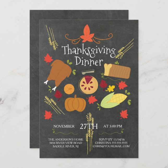Cute Chalkboard Thanksgiving Dinner Invitation (Front/Back)