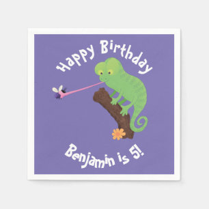 Cute chameleon catching a bug cartoon napkin