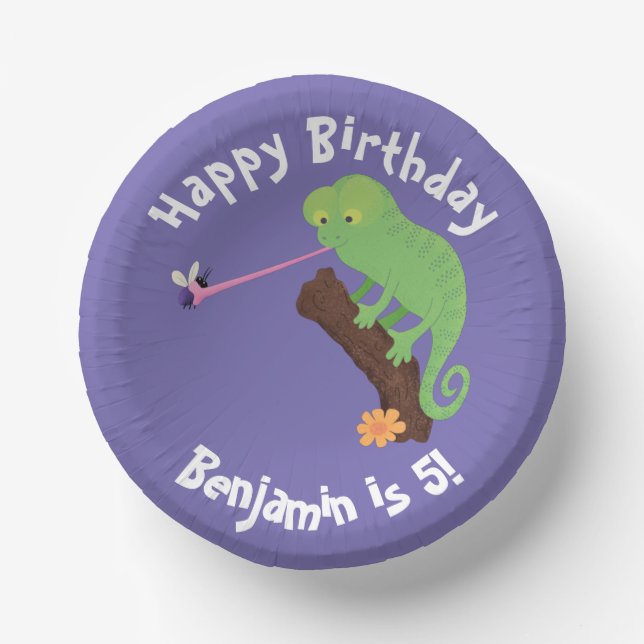 Cute chameleon catching a bug cartoon paper plate (Front)