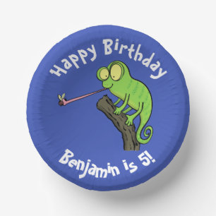 Cute chameleon catching a bug cartoon paper plate