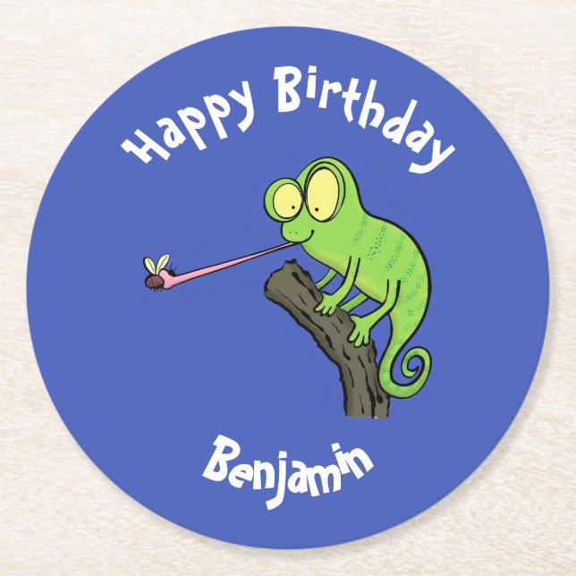 Cute chameleon catching a bug cartoon round paper coaster (Front)
