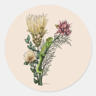 Cute Chameleon in Floral Bouquet Botanical Art Classic Round Sticker