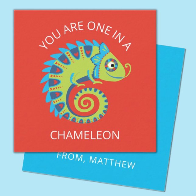 Cute Chameleon Kids Valentines Day Classroom Card (a fun chameleon lizard kids classroom valentine. Personalize it with your child's name.)