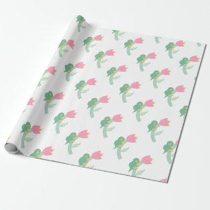 Cute chameleon on flower wrapping paper